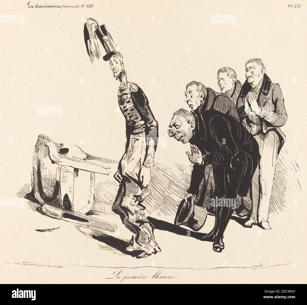 Honoré Daumier, (Künstler), französisch, 1808 - 1879, La première Blessure, La Caricature: pl. 455, (Serie), 1835, Lithographie Stockfoto