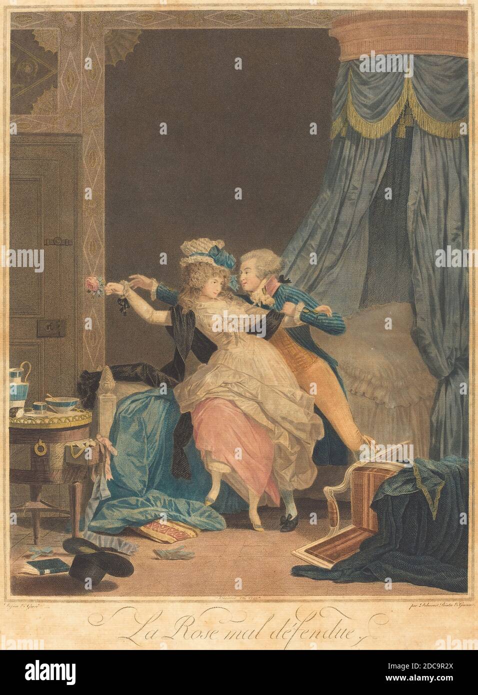 Philibert-Louis Debucourt, (Künstler), französisch, 1755 - 1832, La Rose mal defendue, 1791, Radierung und Gravur gedruckt in Farbe von einer Platte inked 'a la poupee Stockfoto