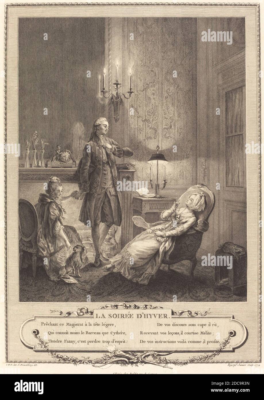 Francois-Robert Ingouf, (Künstler), Französisch, 1747 - 1812, Sigmund Freudenberger, (Künstler nach), Schweizer, 1745 - 1801, La soiree d'hyver, Geschichte der Manners und Bräuche der Franzosen, (Serie), 1774, Radierung und Gravur Stockfoto