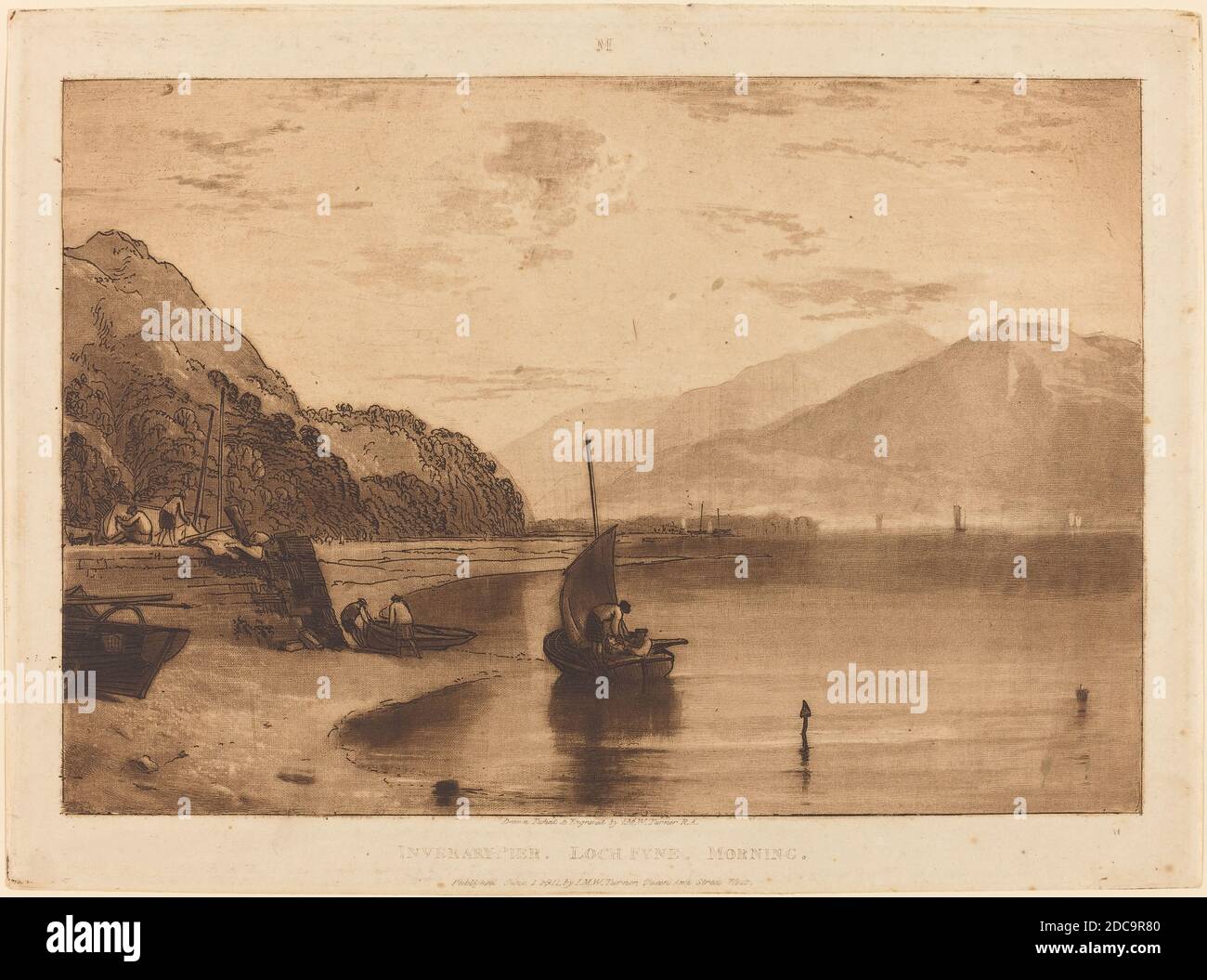 Joseph Mallord William Turner, (Künstler), britisch, 1775 - 1851, Inverary Pier, Liber Studiorum: no.35, (Serie), erschienen 1811, Radierung, Mezzotint und Aquatint Stockfoto