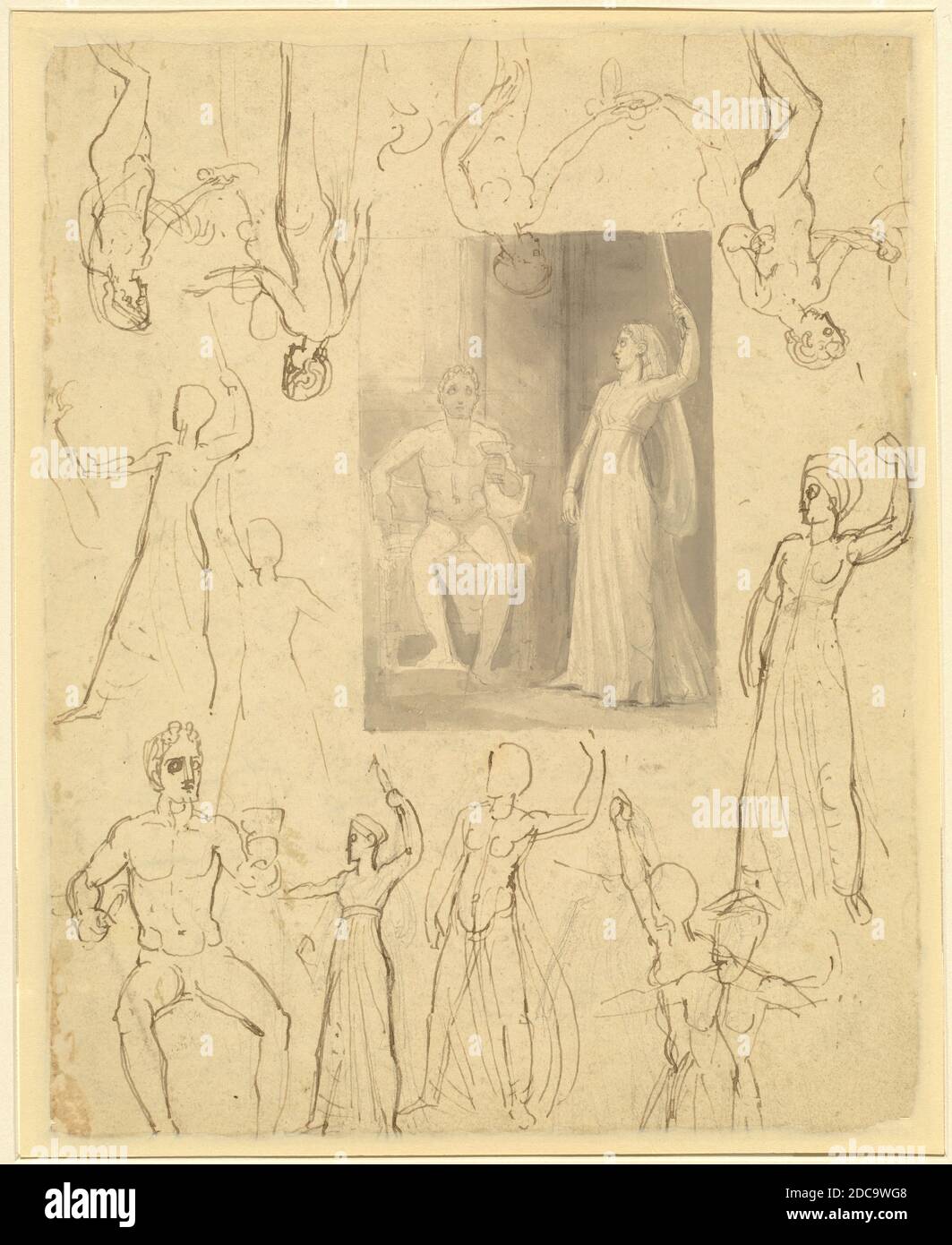 Thomas Stothard, (Künstler), britisch, 1755 - 1834, Design for a Book Illustration of Circe and Odysseus, c. 1803, Stift und graue und braune Tinte mit grauem Wash-over-Graphit auf Webe-Papier, insgesamt: 23.3 x 18.6 cm (9 3/16 x 7 5/16 Zoll Stockfoto