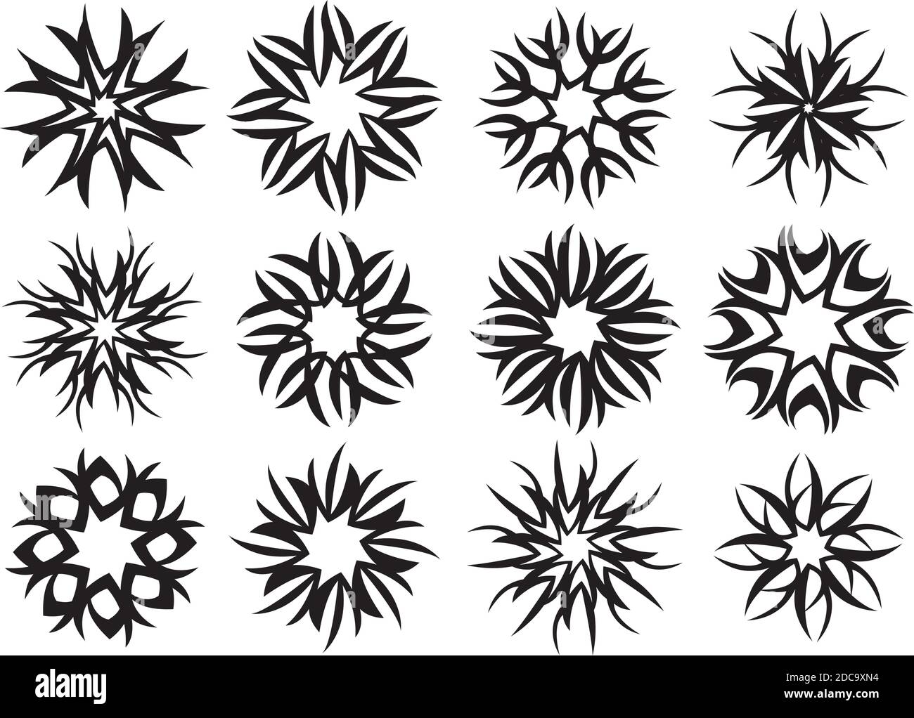 Set von abstrakten Motivmustern mit drehenden visuellen Effekt in schwarz und weiß. Dekorative Vektorgrafik Element auf weißem Hintergrund isoliert. Stock Vektor