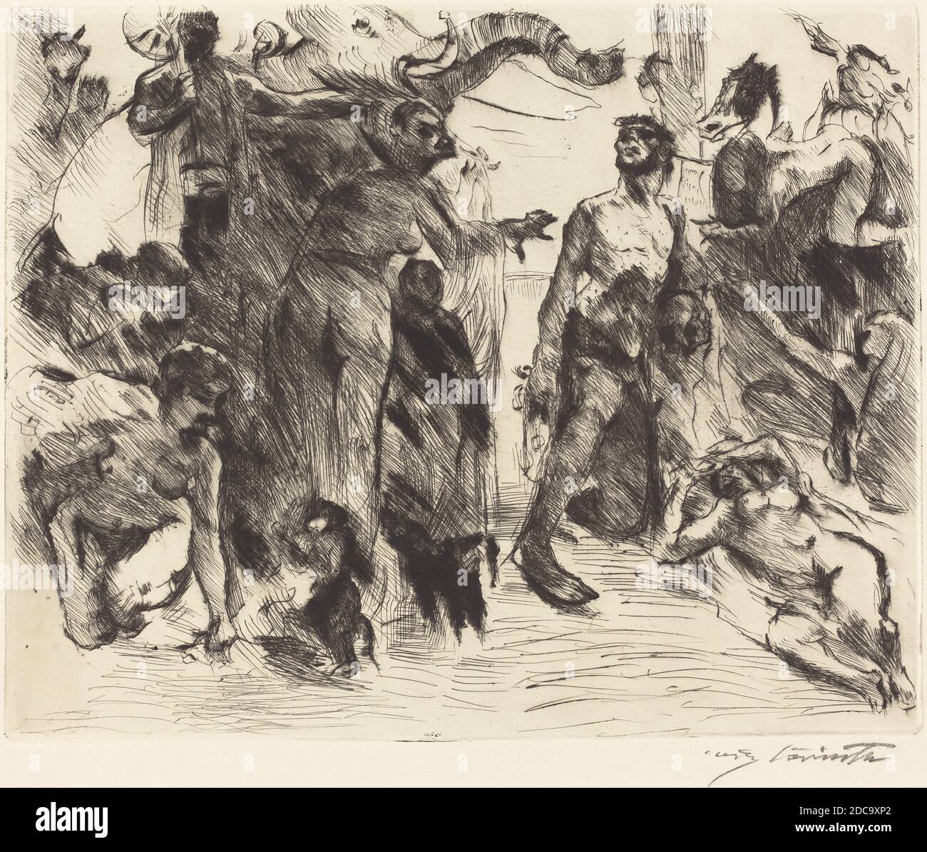 Lovis Corinth, (Künstler), deutsch, 1858 - 1925, die Versuchung des heiligen Antonius, 1919, Trockenpunkt in schwarz, Platte: 24.1 x 30.3 cm (9 1/2 x 11 15/16 Zoll), Blatt: 33.1 x 42.1 cm (13 1/16 x 16 9/16 Zoll Stockfoto