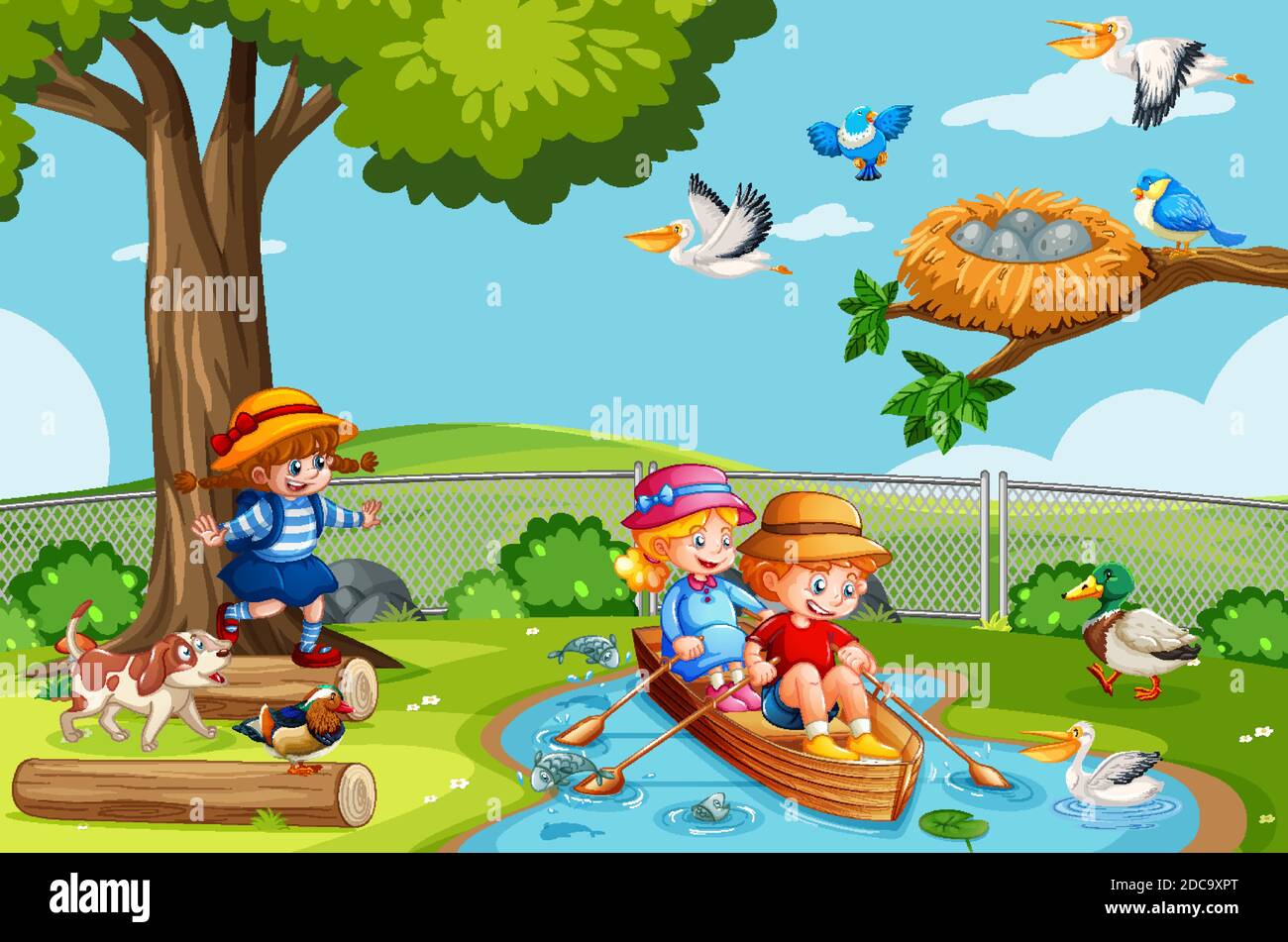 Kinder rudern das Boot in der Stream Park Szene Illustration Stock Vektor