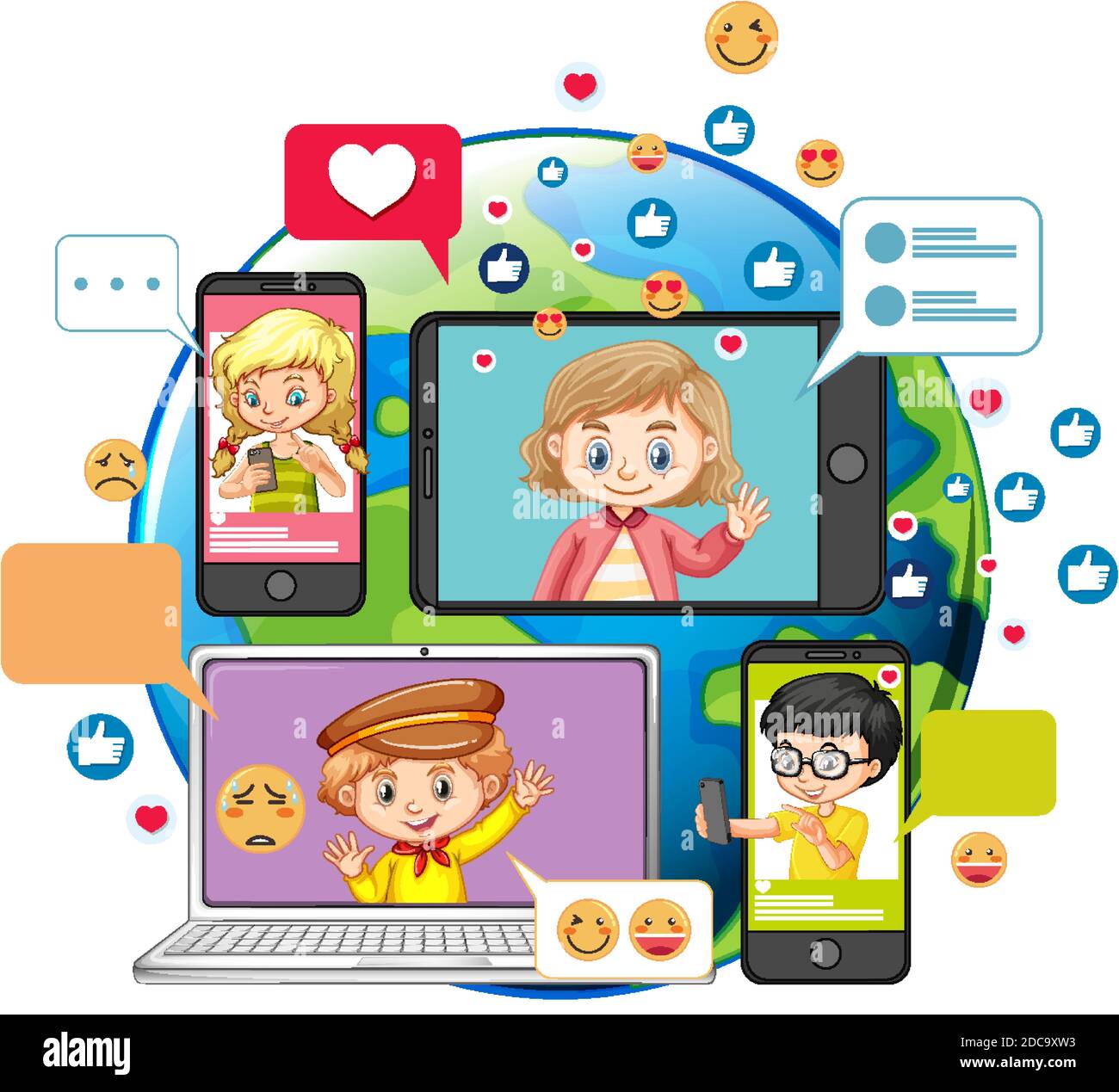 Kinder mit Social-Media-Elementen auf weißem Hintergrund Illustration Stock Vektor