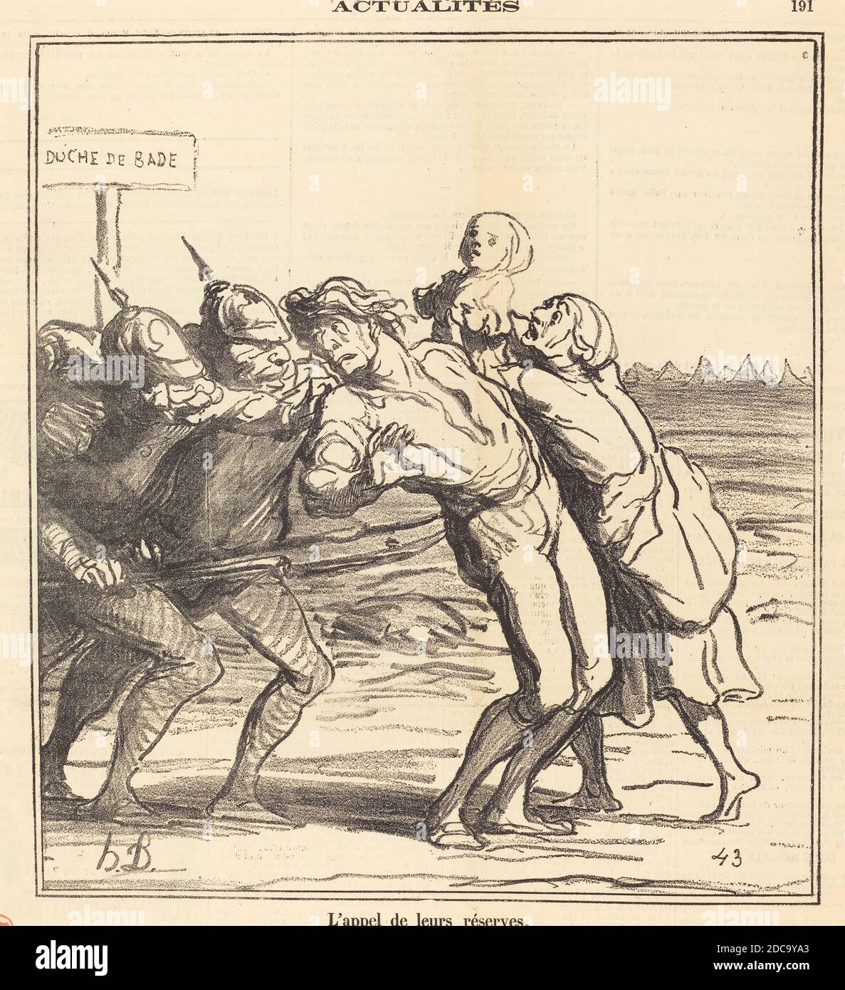 Honoré Daumier, (Künstler), französisch, 1808 - 1879, L'Appel de leurs réserves, Actualités, (Serie), 1870, Gillotyp auf Zeitungspapier Stockfoto