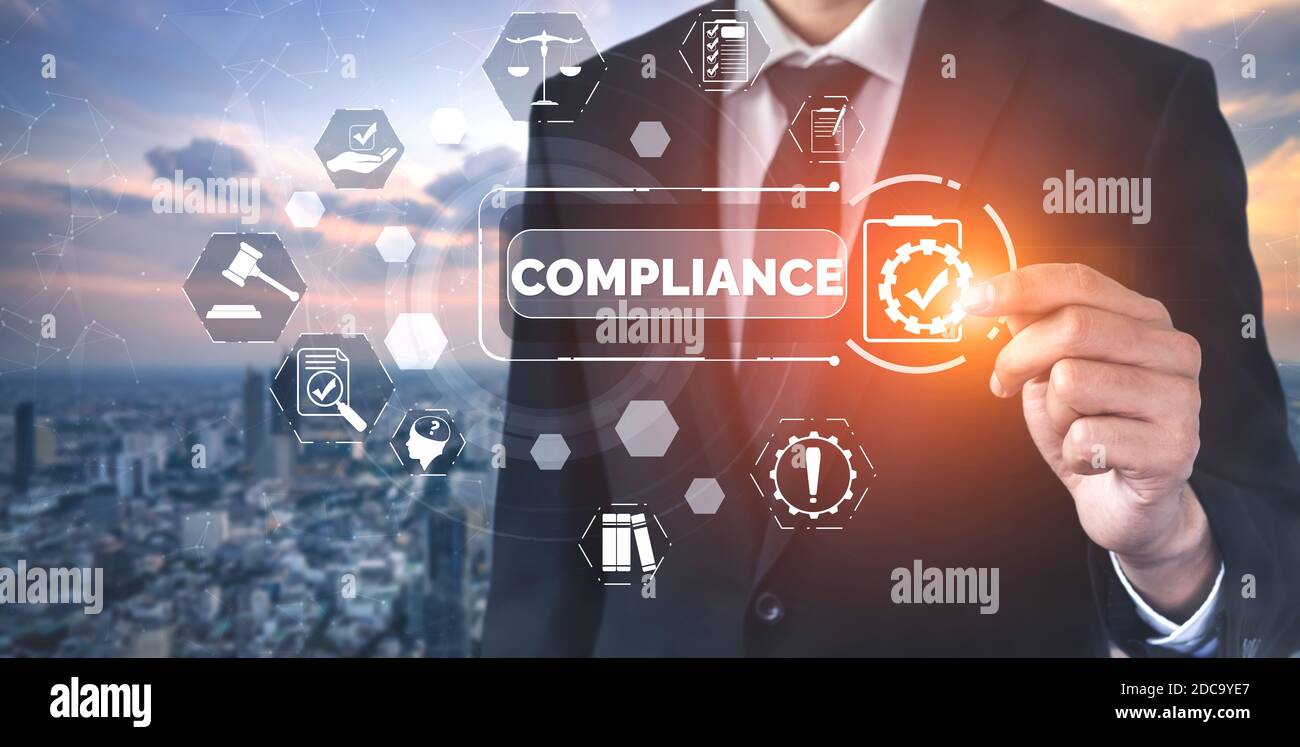 Grafische Oberfläche für Compliance-Regeln und -Vorschriften zur Planung von Unternehmensqualitätsrichtlinien zur Erfüllung internationaler Standards. Stockfoto