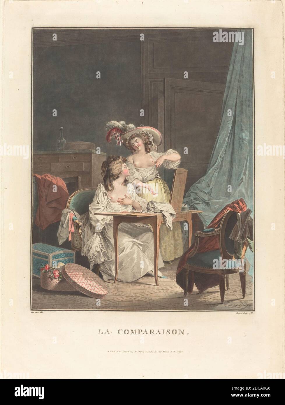 Jean-François Janinet, (Künstler), französisch, 1752 - 1814, Nicolas Lavreince, (Künstler nach), schwedisch, 1737 - 1807, La Comparaison, 1786, Radierung und Waschweise, gedruckt in blauen, roten, karminfarbenen, gelben und schwarzen Tinten, Bild: 36.3 x 28.6 cm (14 5/16 x 11 1/4 Zoll), Platte: 48.4 x 36 cm (19 1/16 x 14 3/16 Zoll Stockfoto