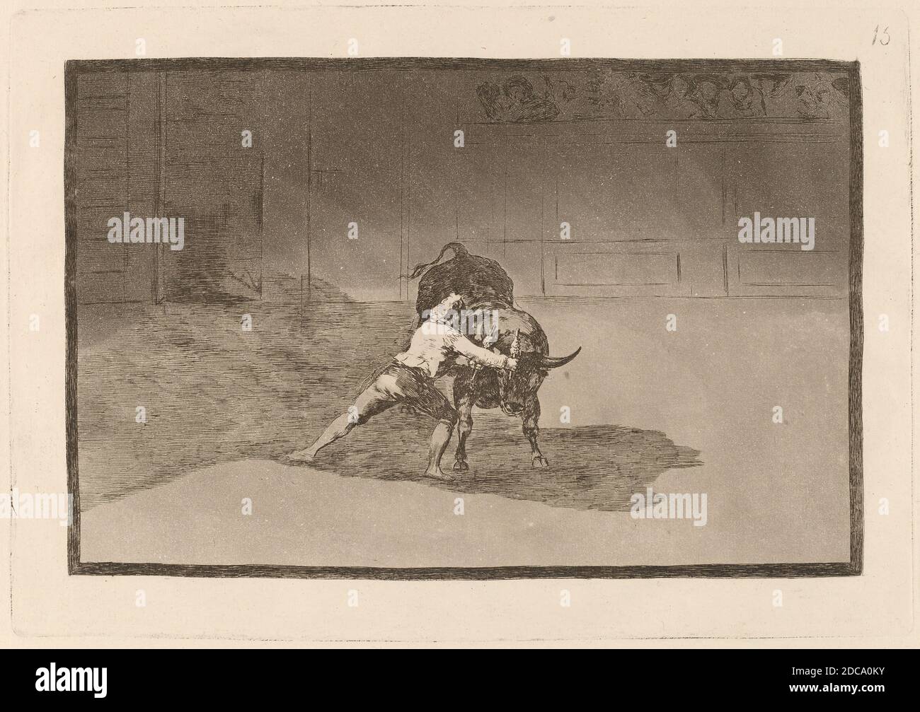 Francisco de Goya, (Künstler), Spanisch, 1746 - 1828, El famoso Martincho poniendo Banderillas al quiebro (der berühmte Martincho stellt die Banderillas spielen den Stier mit der Bewegung seines Körpers), Tauromaquia: pl.15, (Serie), in oder vor 1816, Radierung, brünierte Aquatinta, Trockenpunkt und Burin Stockfoto