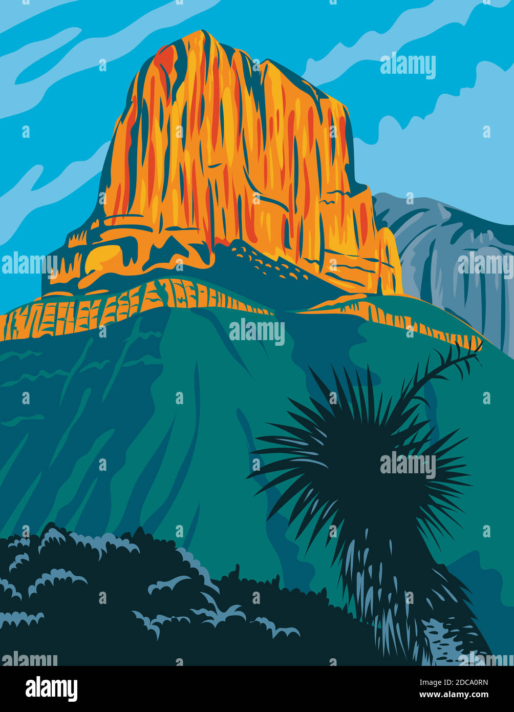WPA Plakatkunst des Guadalupe Mountains National Park mit El Capitan Gipfel, einem amerikanischen Nationalpark östlich von El Paso, Texas USA in Arbeit getan Stock Vektor