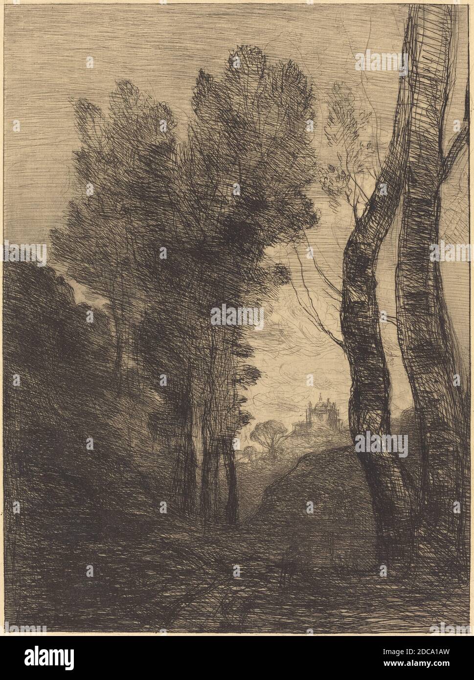 Jean-Baptiste-Camille Corot, (Künstler), Französisch, 1796 - 1875, Umgebung von Rom (Umgebung von Rom), 1866, Radierung Stockfoto