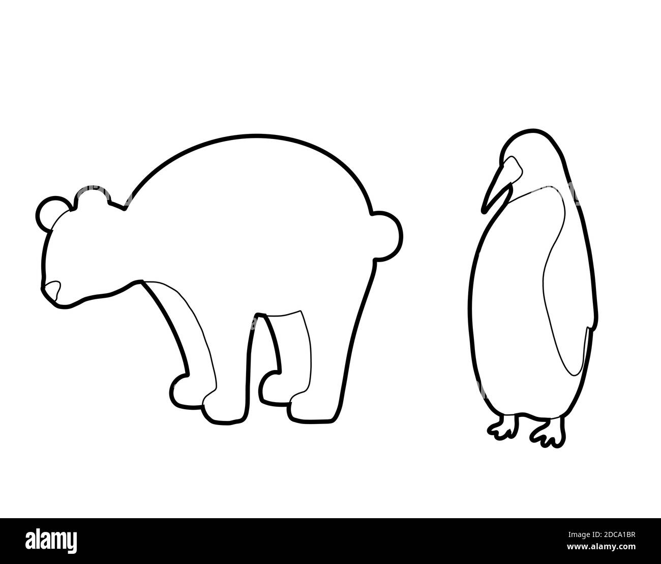 Set von Umrisse antarktische Tiere Silhouetten. Eisbär und Pinguin isoliert vom Hintergrund. Vektorkonturobjekt für Artikel, Karten, Icons und Stock Vektor
