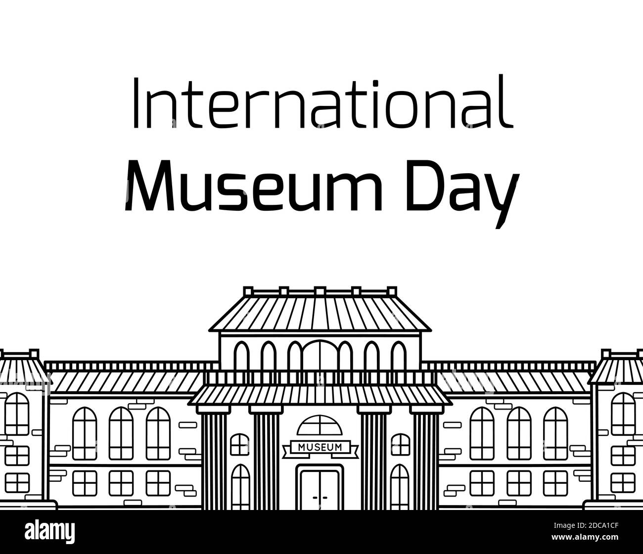 Internationaler Museumstag. Konturzeichnung der Fassade des Museumsgebäudes mit Schriftzug auf weißem Hintergrund. Vektor horizontale Karte für Banner Stock Vektor