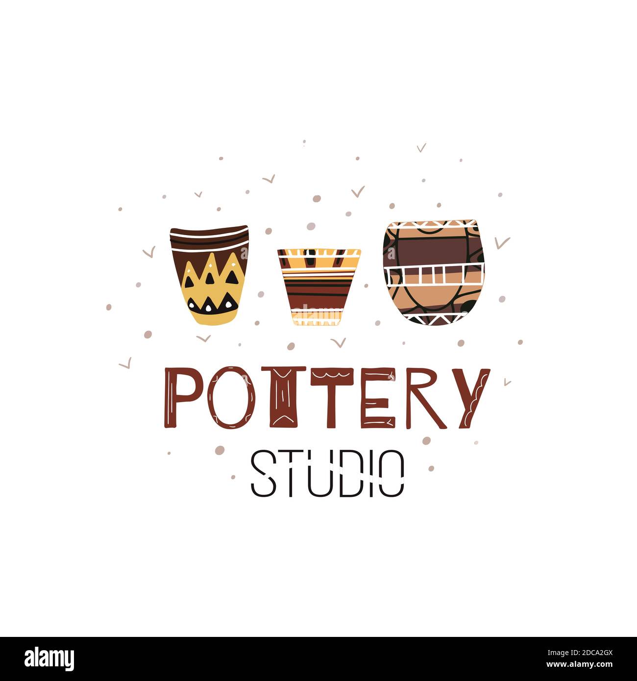 Töpferei Studio. Cartoon flache Doodle Illustration von Tontöpfen und Vasen und mit Schriftzug. Natives Muster. Vektorobjekt für Symbole, Logos, Etiketten und Stock Vektor