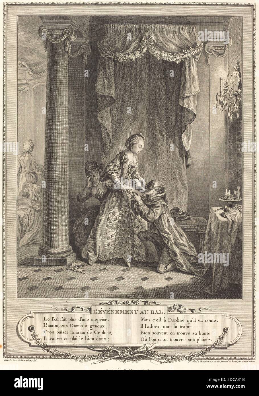 Francois-Robert Ingouf, (Künstler), Französisch, 1747 - 1812, Antoine-Jean Duclos, (Künstler), Französisch, 1742 - 1795, Sigmund Freudenberger, (Künstler nach), Schweizer, 1745 - 1801, L'evenement au bal, Geschichte der Manners und der Bräuche der Franzosen, (Serie), 1775, Radierung und Gravur, Blatt: 40.8 × 29.3 cm (16 1/16 × 11 9/16 Zoll Stockfoto