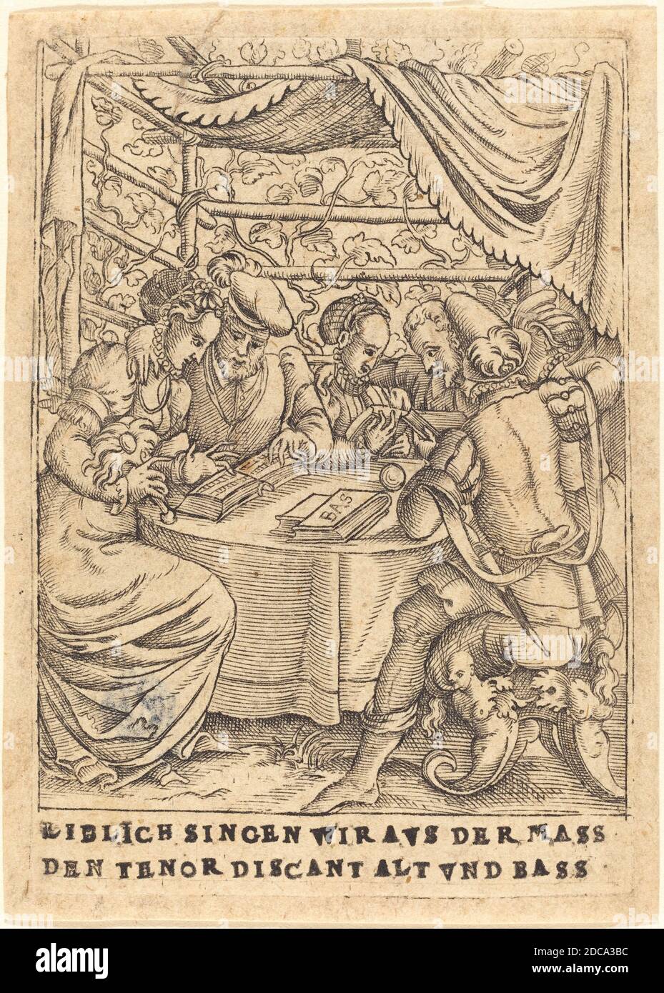 Deutsch 16. Jahrhundert, (Künstler), Liblich singen wir avs der Mass den Tenor Diskant Alt und Bass, sechs musikalische Fächer, (Serie), c.. 1580, Gravur Stockfoto