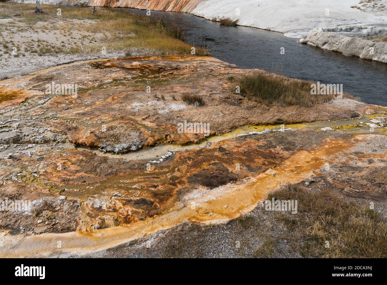 Wasser aus heißen Quellen mit einer Matte aus bunten Thermophilie Bakterien fließen in den Iron Spring Creek im schwarzen Sand Becken des Yellowstone National Park Stockfoto