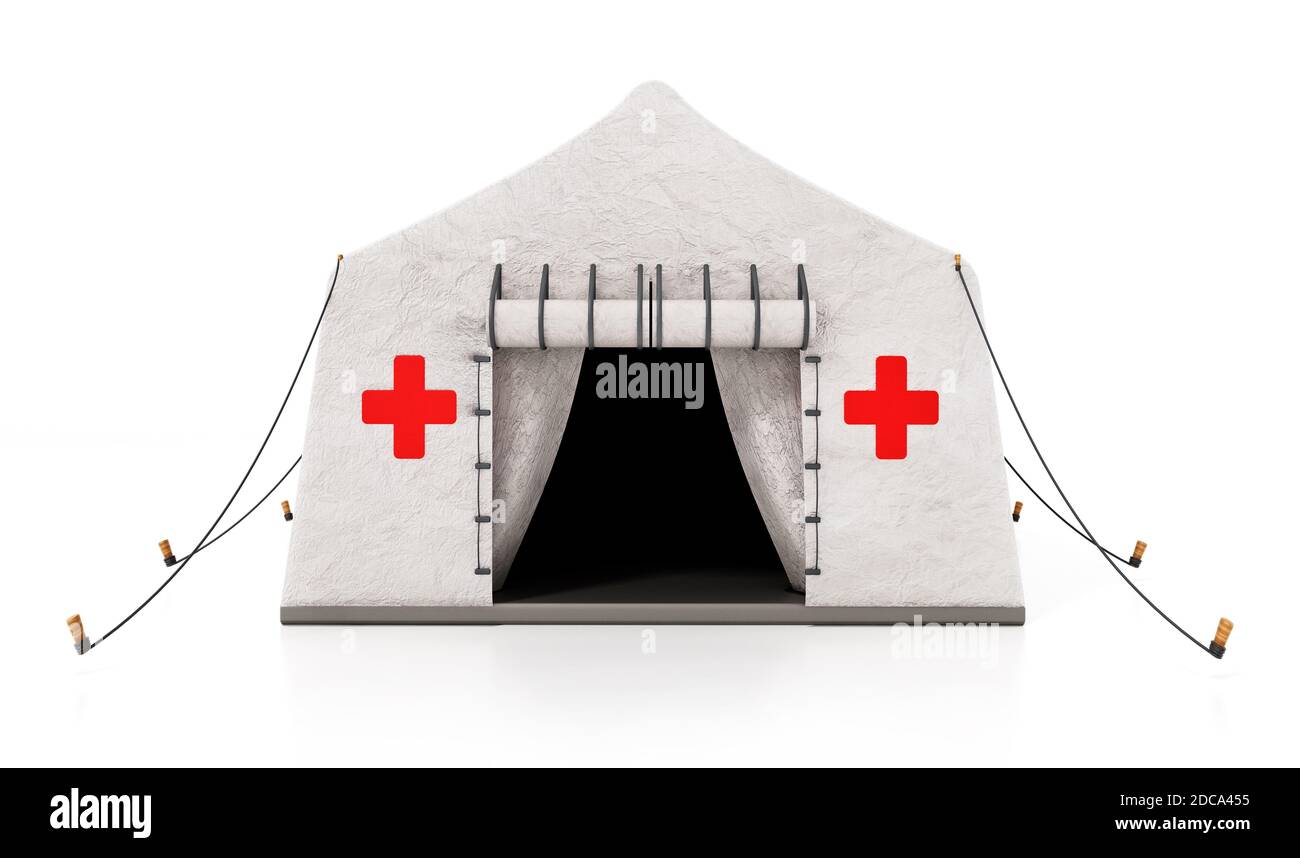 Feldtyp mobiles Krankenhauszelt isoliert auf weißem Hintergrund. 3D-Illustration. Stockfoto