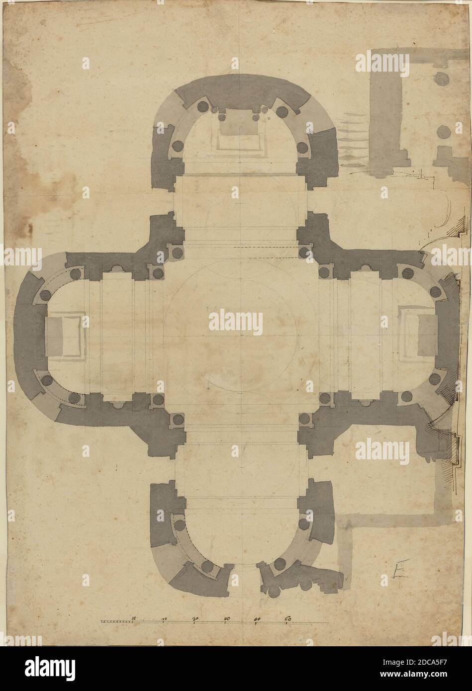 Filippo Juvarra, (Künstler), sizilianisch, 1678 - 1736, Grundriss, Stift und braune Tinte mit grauem Wasch über schwarzer Kreide auf gegelegtem Papier, insgesamt (ca.): 41.5 x 30 cm (16 5/16 x 11 13/16 Zoll Stockfoto