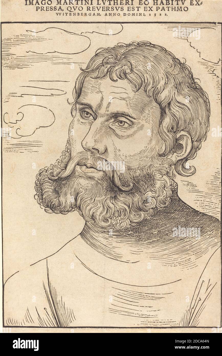 Lucas Cranach der Ältere, (Künstler), deutsch, 1472 - 1553, Luther als 'Junker Jorg', 1522, Holzschnitt, Bild: 30.8 x 20.8 cm (12 1/8 x 8 3/16 Zoll Stockfoto