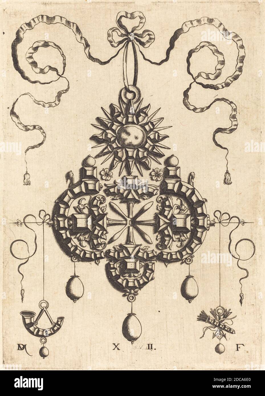 Daniel Mignot, (Künstler), deutsch, aktiv 1593/1596, großer Anhänger, Anhänger in Form von Rädern, Sternen und Kreuzen, (Serie), Gravur Stockfoto