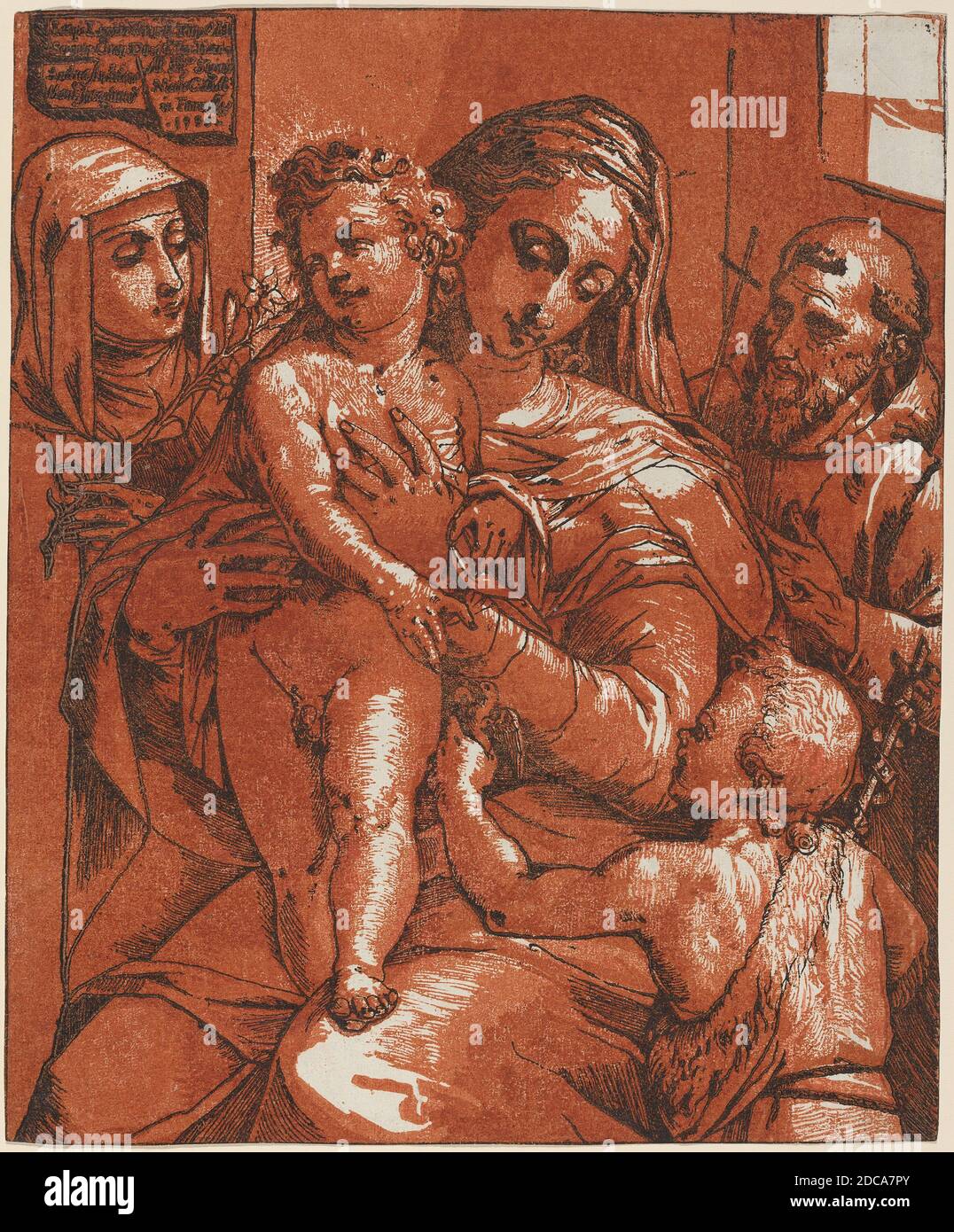 Andrea Andreani, (Künstler), Italienisch, 1558/1559 - 1629, Jacopo Ligozzi, (Künstler nach), Italienisch, 1547 - 1627, Madonna mit Kind begleitet von Heiligen, 1585, Chiaroscuro Holzschnitt Stockfoto