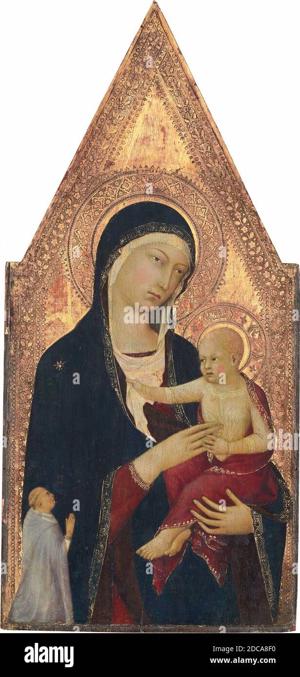 Lippo Memmi, (Künstler), Sieneser, aktiv 1317/1347, Madonna mit Kind und Spender, 1325/1330, Tempera auf Tafel, bemalte Oberfläche: 50.8 × 23.5 cm (20 × 9 1/4 in.), insgesamt: 51.5 × 24.2 × 0.5 cm (20 1/4 × 9 1/2 × 3/16 in.), gerahmt: 70 x 36.2 x 5.1 cm (27 9/16 x 14 1/4 x 2 in.), Diese Arbeit war die linke Seite eines Diptychons, das wahrscheinlich die Kreuzigung auf der gegenüberliegenden Tafel dargestellt. Unten links, auf eine sich abzeichnende Vision der Jungfrau und des Kindes blickend, ist eine kleine, knieende Figur in rappter Hingabe. Lippo Memmi (Sienese, aktiv 1317/1347) hat uns ein Porträt eines bestimmten Individuums gegeben Stockfoto