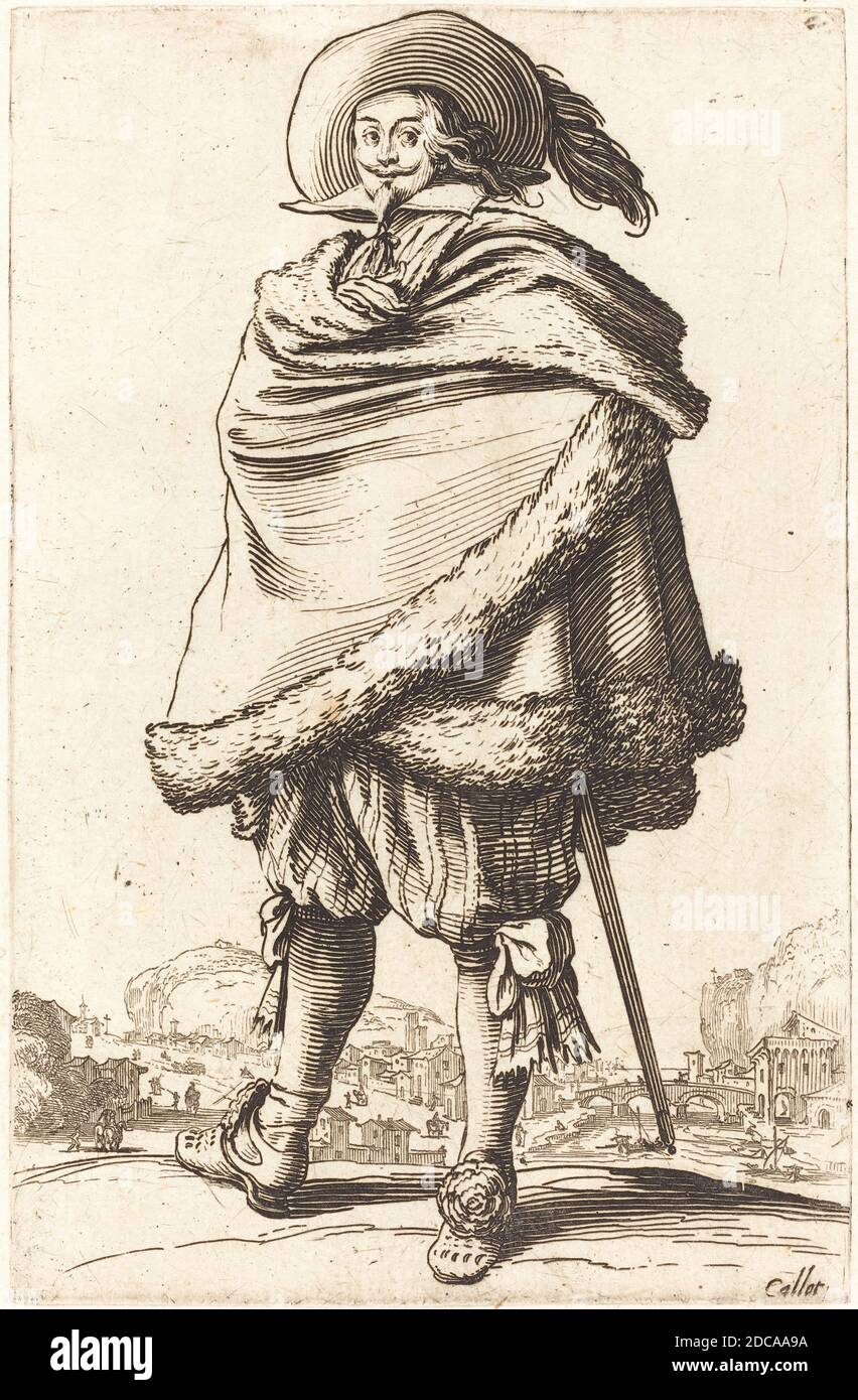 Jacques Callot, (Künstler), Französisch, 1592 - 1635, Edler Mann in einem Mantel eingewickelt getrimmt mit Pelz, der Adel von Lothringen, (Serie), c. 1620/1623, Radierung Stockfoto