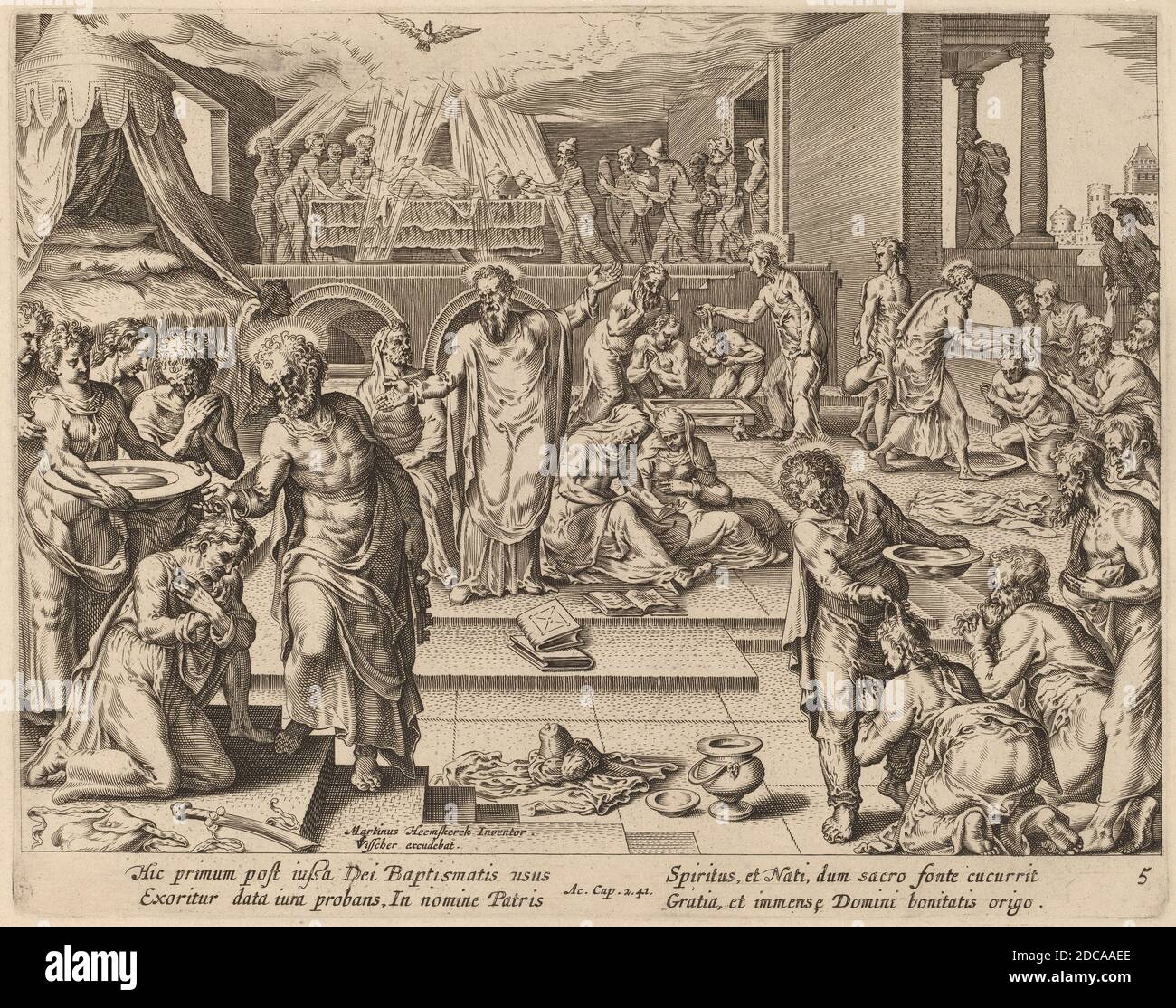 Philip Galle, (Künstler), Flämisch, 1537 - 1612, Maerten van Heemskerck, (Künstler nach), Niederlandisch, 1498 - 1574, viele sind getauft, Apostelgeschichte, (Serie), Gravur Stockfoto