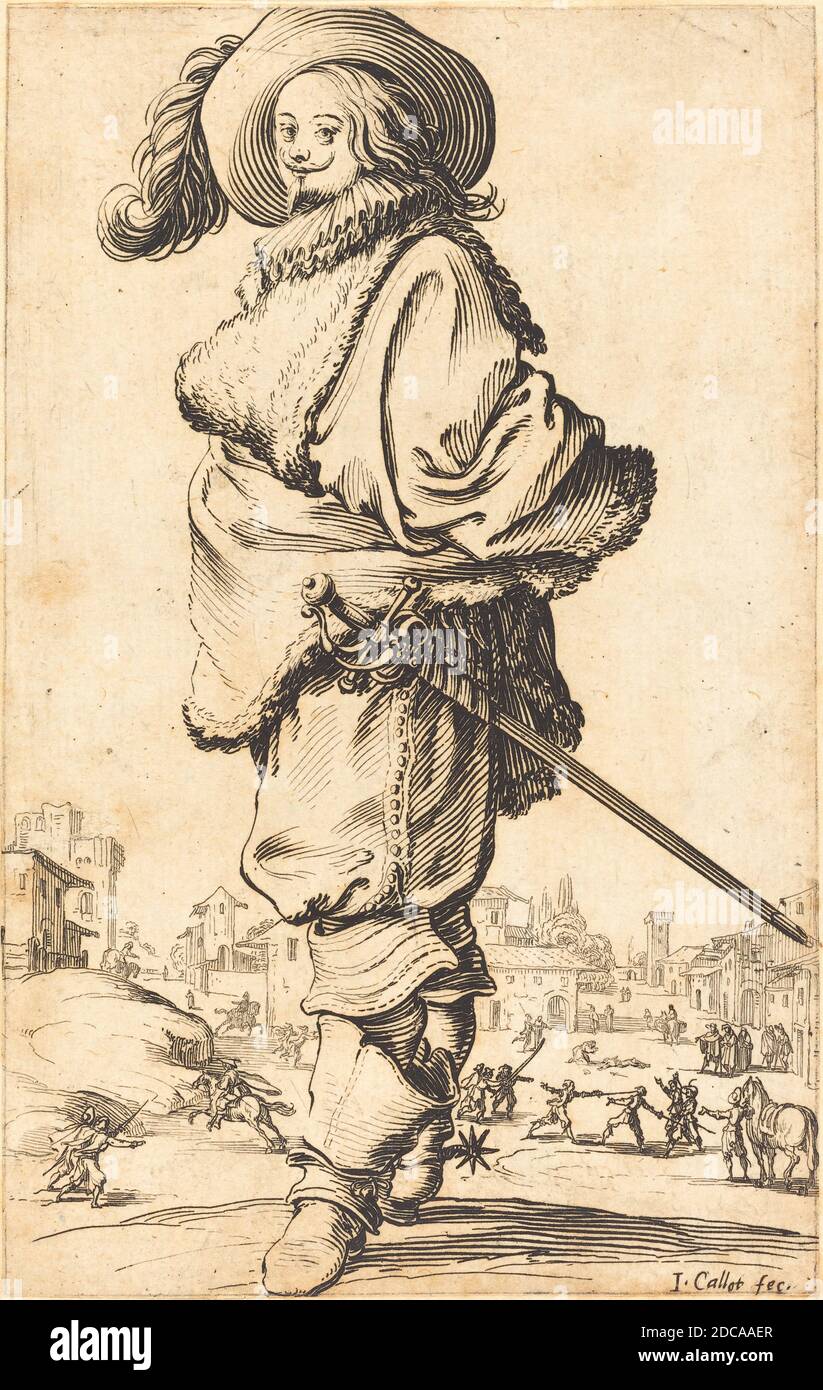 Jacques Callot, (Künstler), Französisch, 1592 - 1635, Edler Mann mit Pelz Plastron, der Adel von Lothringen, (Serie), c. 1620/1623, Radierung Stockfoto