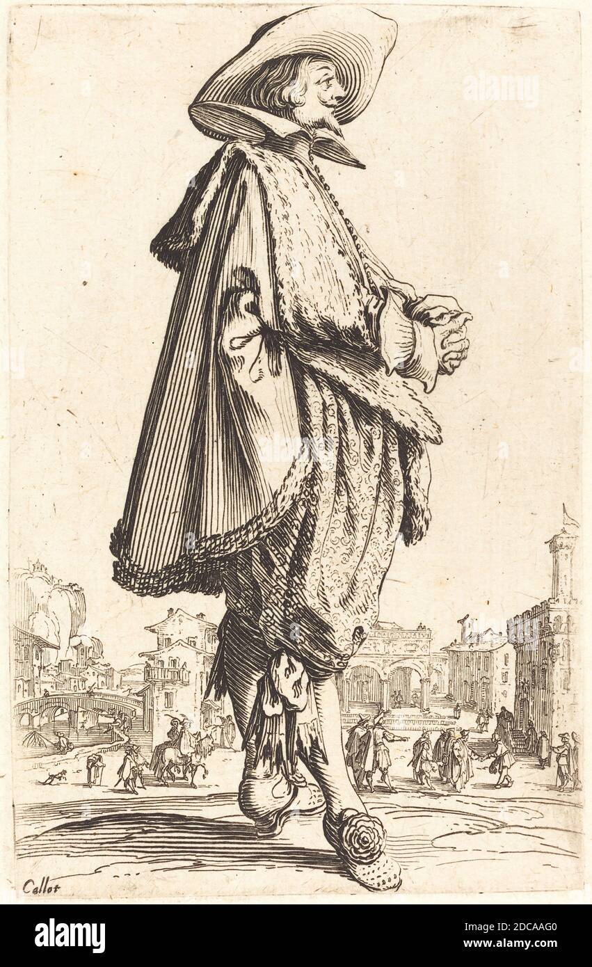 Jacques Callot, (Künstler), Französisch, 1592 - 1635, Edler Mann mit gefalteten Händen, der Adel von Lothringen, (Serie), c. 1620/1623, Radierung Stockfoto