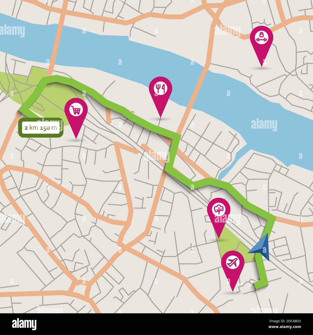 Vektor-Stadtplan mit Navigation und Zeigern Stock Vektor