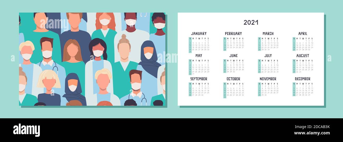 Frohes Neues Jahr 2021. Vielen Dank an Ärzte und Krankenschwestern. Horizontale Wand, Schreibtisch, Tisch oder Taschenkalender mit medizinischem Personal in Masken. Menschen von verschiedenen na Stock Vektor