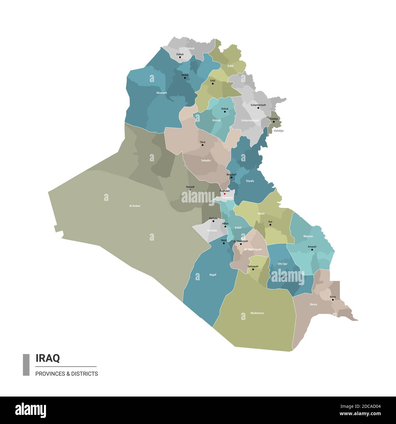 Irak hat detaillierte Karte mit Unterteilungen. Verwaltungskarte des Irak mit Bezirken und Stadtnamen, farbig nach Staaten und Verwaltungsbezirken. V Stock Vektor