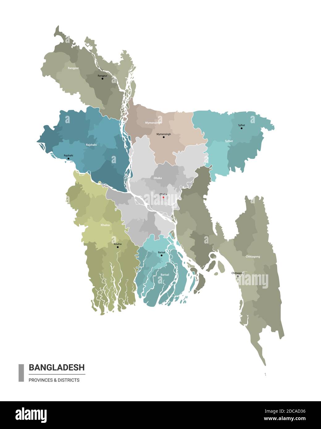 Bangladesch higt Detailkarte mit Unterteilungen. Verwaltungskarte von Bangladesch mit Bezirken und Stadtnamen, farbig nach Bundesstaaten und Verwaltungsbezirken Stock Vektor