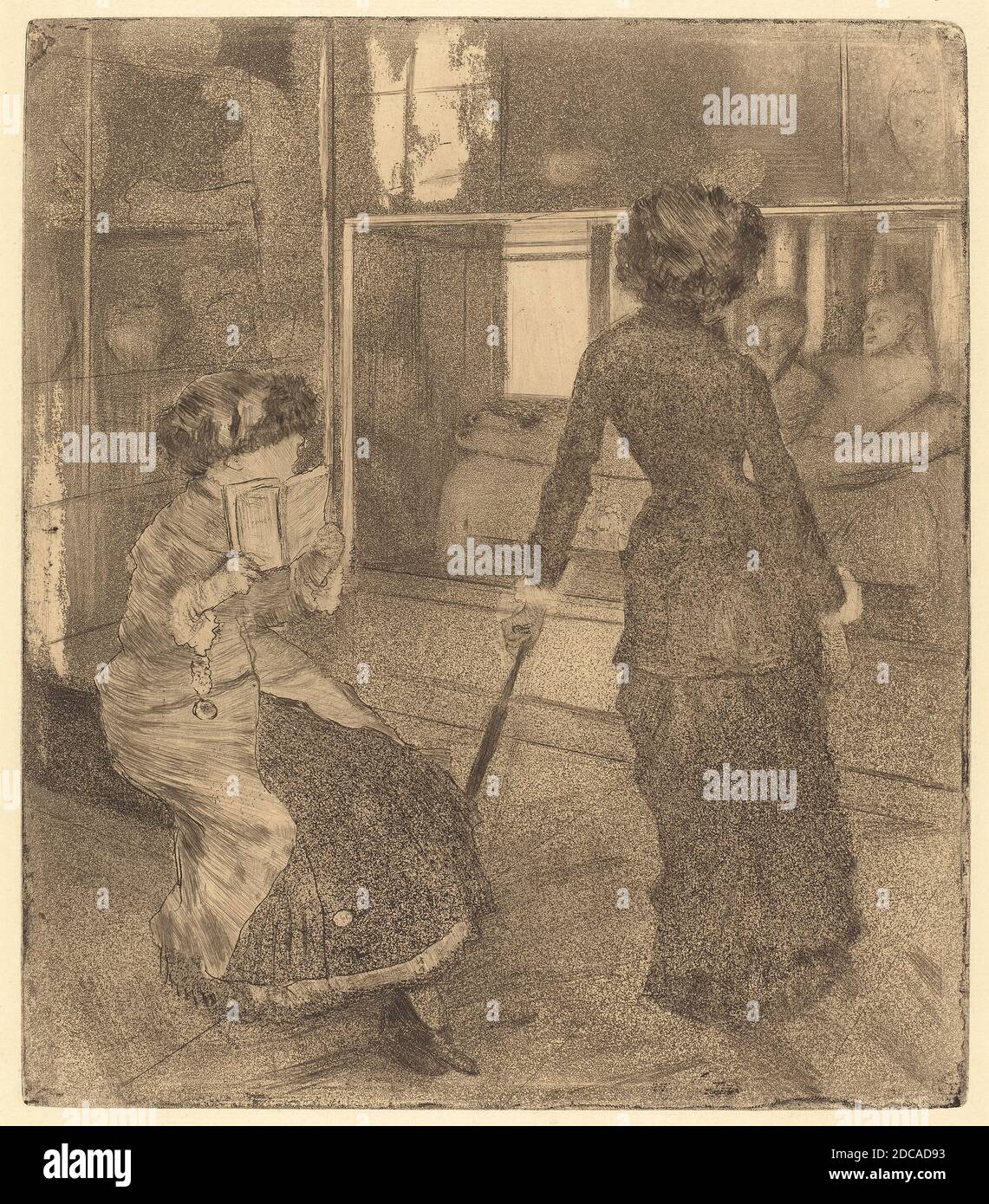 Edgar Degas, (Künstler), Französisch, 1834 - 1917, Mary Cassatt im Louvre: Die etruskische Galerie, 1879/1880, weiche Radierung, Trockenpunkt, Aquatinta und Radierung auf Wobentpapier, Platte: 26.8 x 23.4 cm (10 9/16 x 9 3/16 Zoll), Blatt: 41.5 x 30.6 cm (16 5/16 x 12 1/16 Zoll Stockfoto