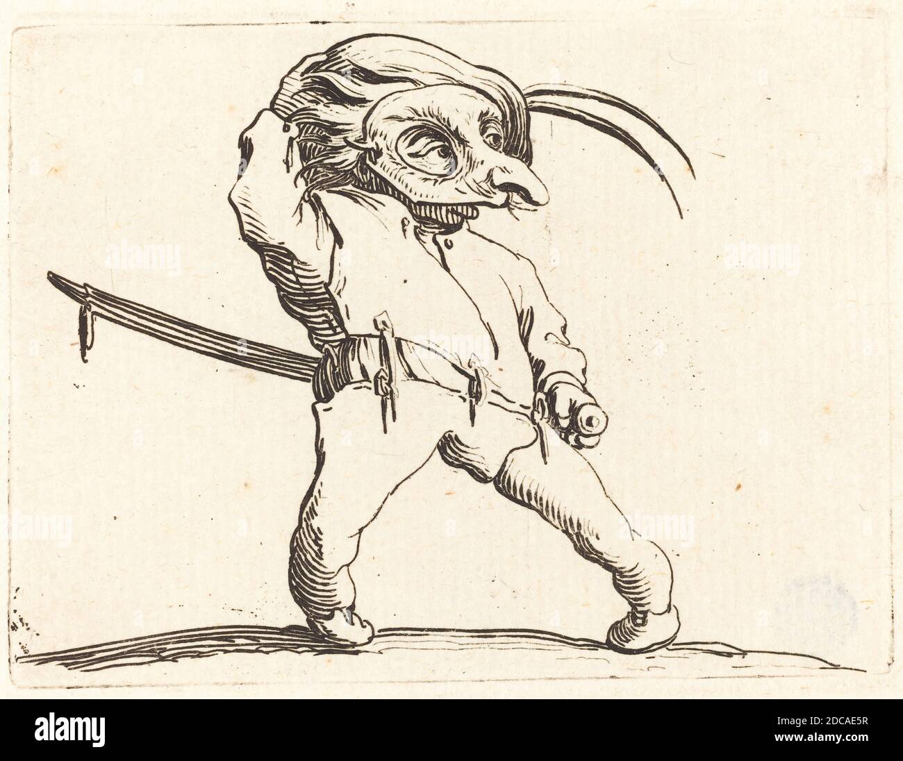 Jacques Callot, (Künstler), französisch, 1592 - 1635, Maskierter Mann mit verdrehten Füßen, Varie Figure Gobbi, (Serie), c.. 1622, Radierung und Gravur Stockfoto