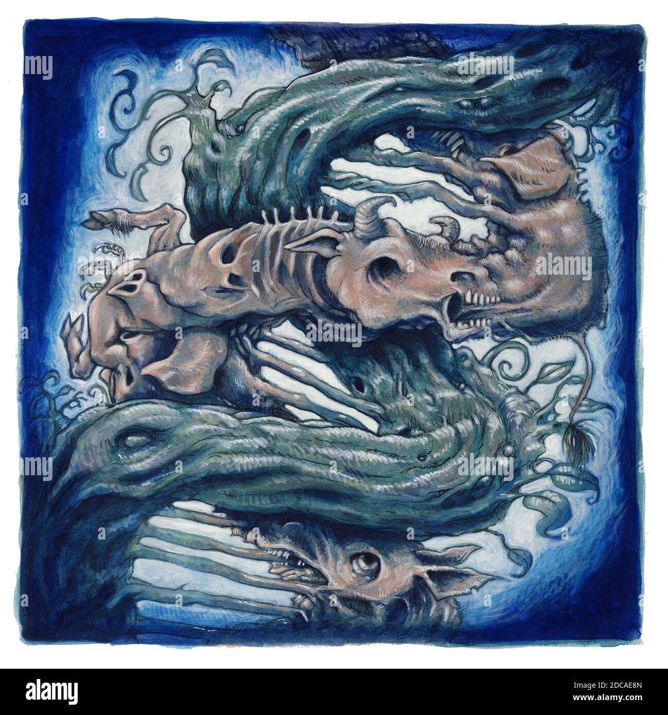 Artwork Illustration von DNA-Doppelhelix & Tieren, die Cross Species Virus Transmission (CST) Rinderwahnsinn, Vogelgrippe, Coronavirus Covid-19 repräsentieren Stockfoto