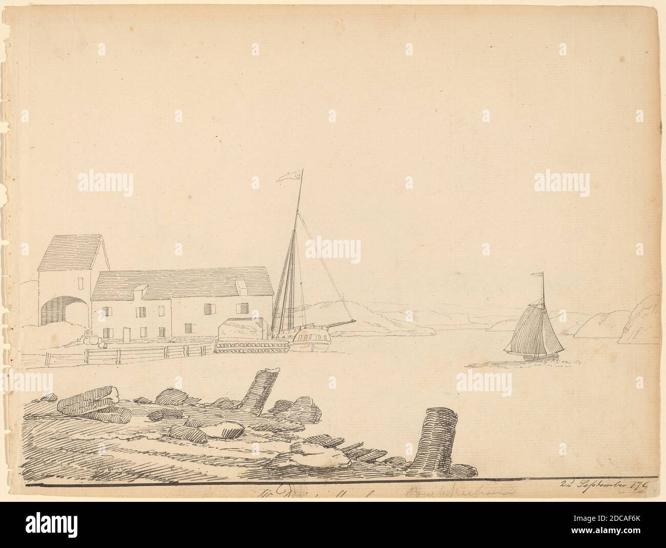 Alexander Robertson, (Künstler), Amerikaner, 1772 - 1841, Hudson River Landing, 1796, Stift mit grauer und schwarzer Tinte auf Papier, das aus einem Buch gerissen wurde, Blatt: 22.1 × 29.1 cm (8 11/16 × 11 7/16 Zoll Stockfoto