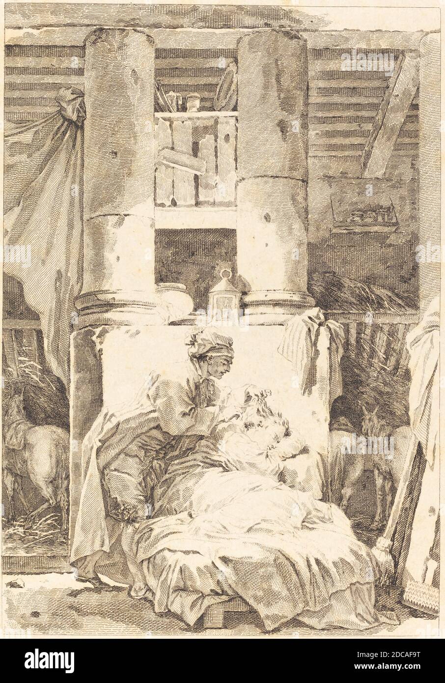 Französisch 18. Jahrhundert, (Künstler), Jean Honoré Fragonard, (Künstler nach), Französisch, 1732 - 1806, Le Muletier, Fragonard Platten für 'Contes et nouvelles' von La Fontaine, (Serie), Radierung Stockfoto