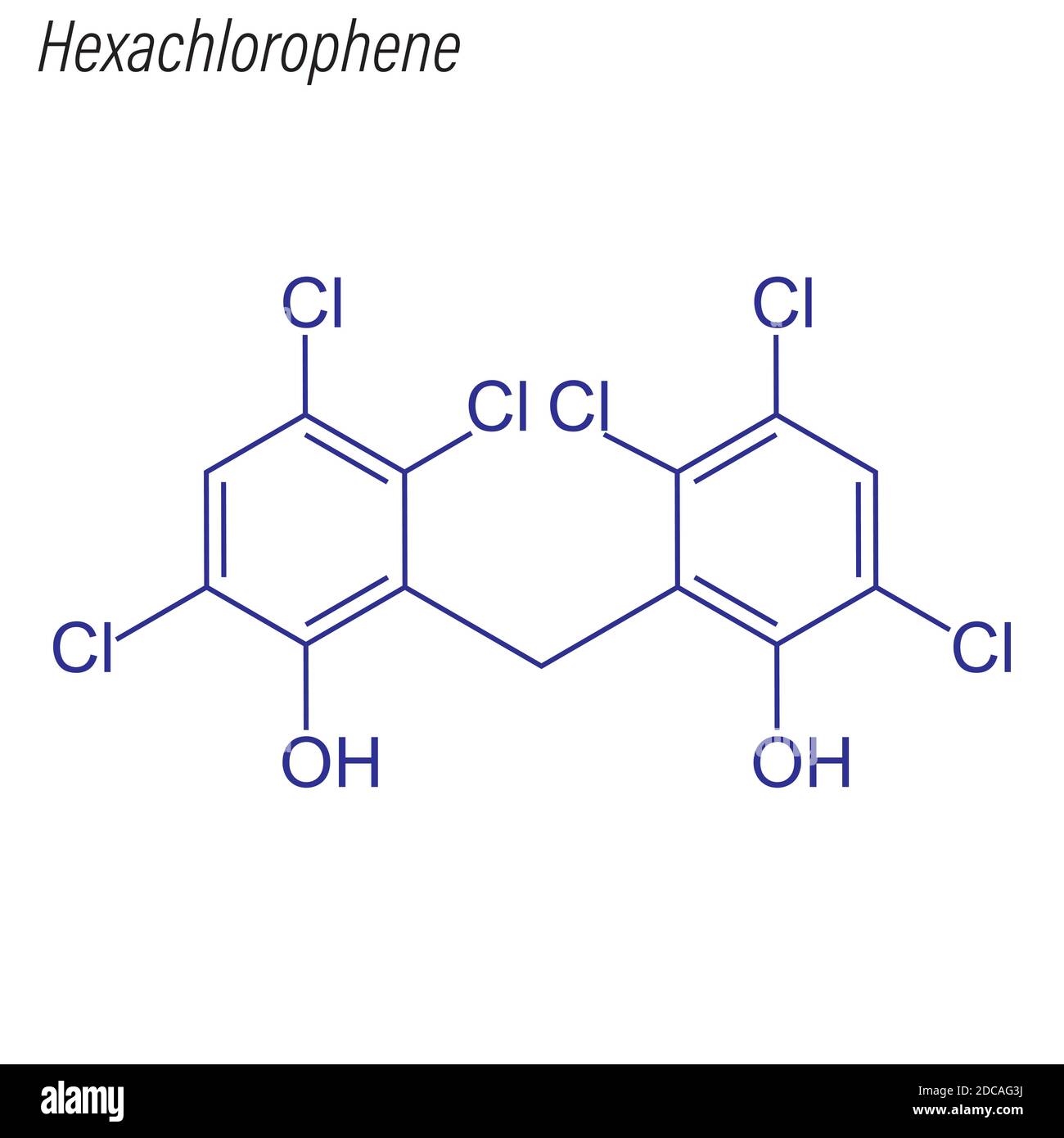 Skelettformel von Hexachlorophen. Antimikrobielles chemisches Molekül. Stock Vektor