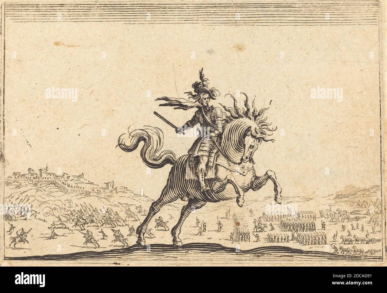 Jacques Callot, (Künstler), Französisch, 1592 - 1635, Military Commander on Horseback, Capricci (Nancy-Serie), (Serie), c. 1622, Ätzen Stockfoto