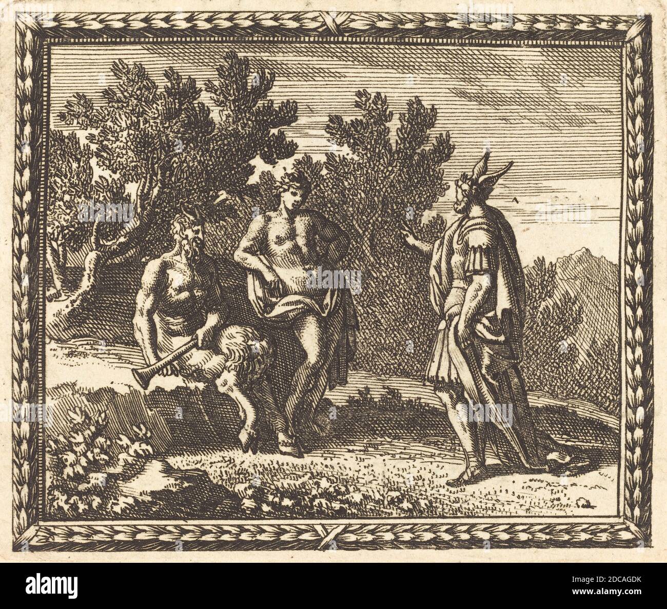 Jean Lepautre, (Künstler), Französisch, 1618 - 1682, Midas mit Apollo und Pan, Benserade's 'Metamorphosen d'Ovide': S. 350, (Serie), veröffentlicht 1676, Radierung und Gravur auf Büttenpapier, Platte: 7.5 x 9.1 cm (2 15/16 x 3 9/16 in.), Anonymous Gift Stockfoto