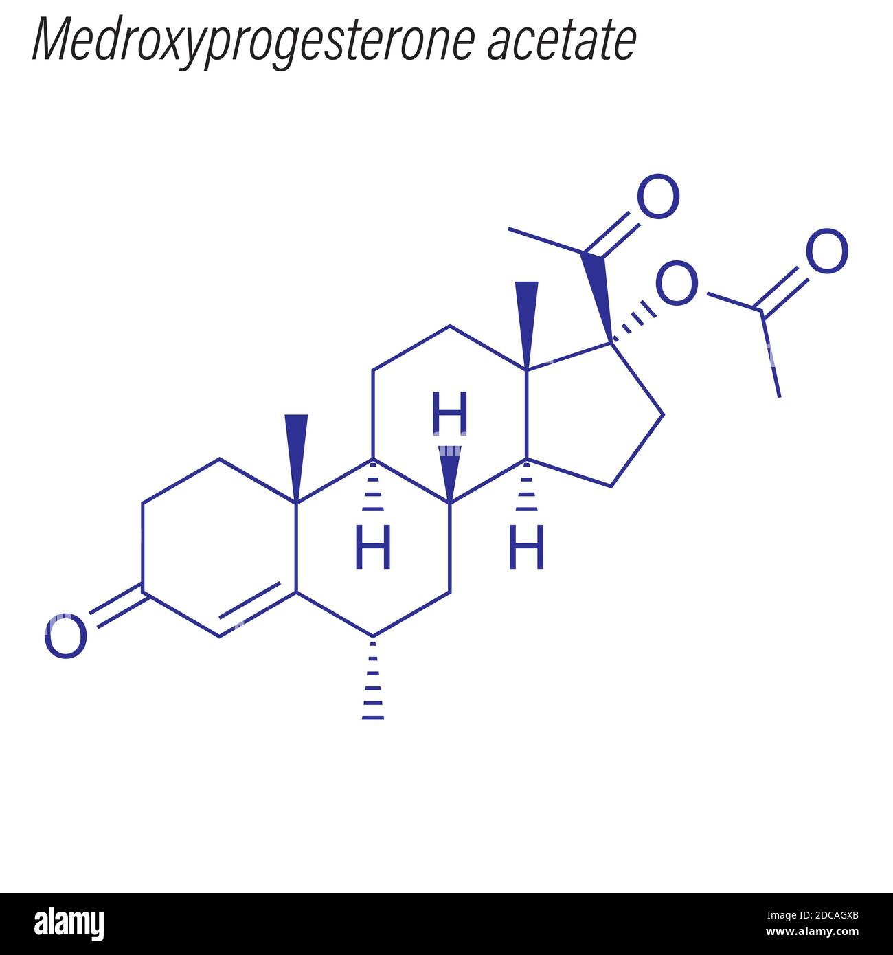 Skelettformel von Medroxyprogesteronacetat. Molekül der Medikamentenchemie. Stock Vektor