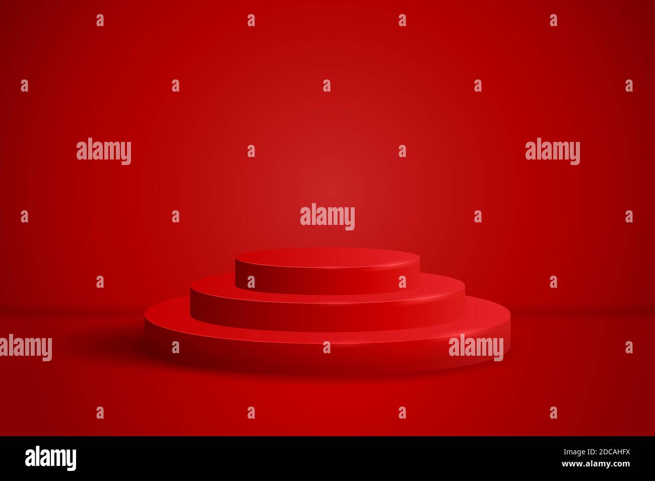 Realistisches rundes Display Podium Mockup. Minimale rote Szene mit Zylinderplattform für Produktshow. Vektor-Illustration von Sockel für Weihnachtsgeschenk oder Stock Vektor