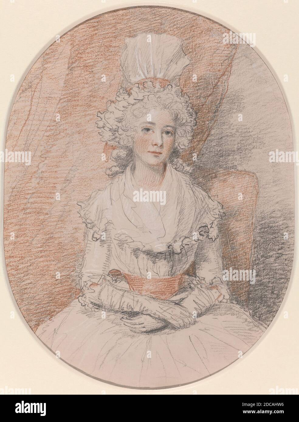 John Hoppner, (Künstler), britisch, 1758 - 1810, Miss Frances Beresford, c. 1784/1785, schwarze, rote und weiße Kreiden über Graphit auf rosa gewaschenen Papier, insgesamt (oval): 24.5 x 19.4 cm (9 5/8 x 7 5/8 Zoll Stockfoto