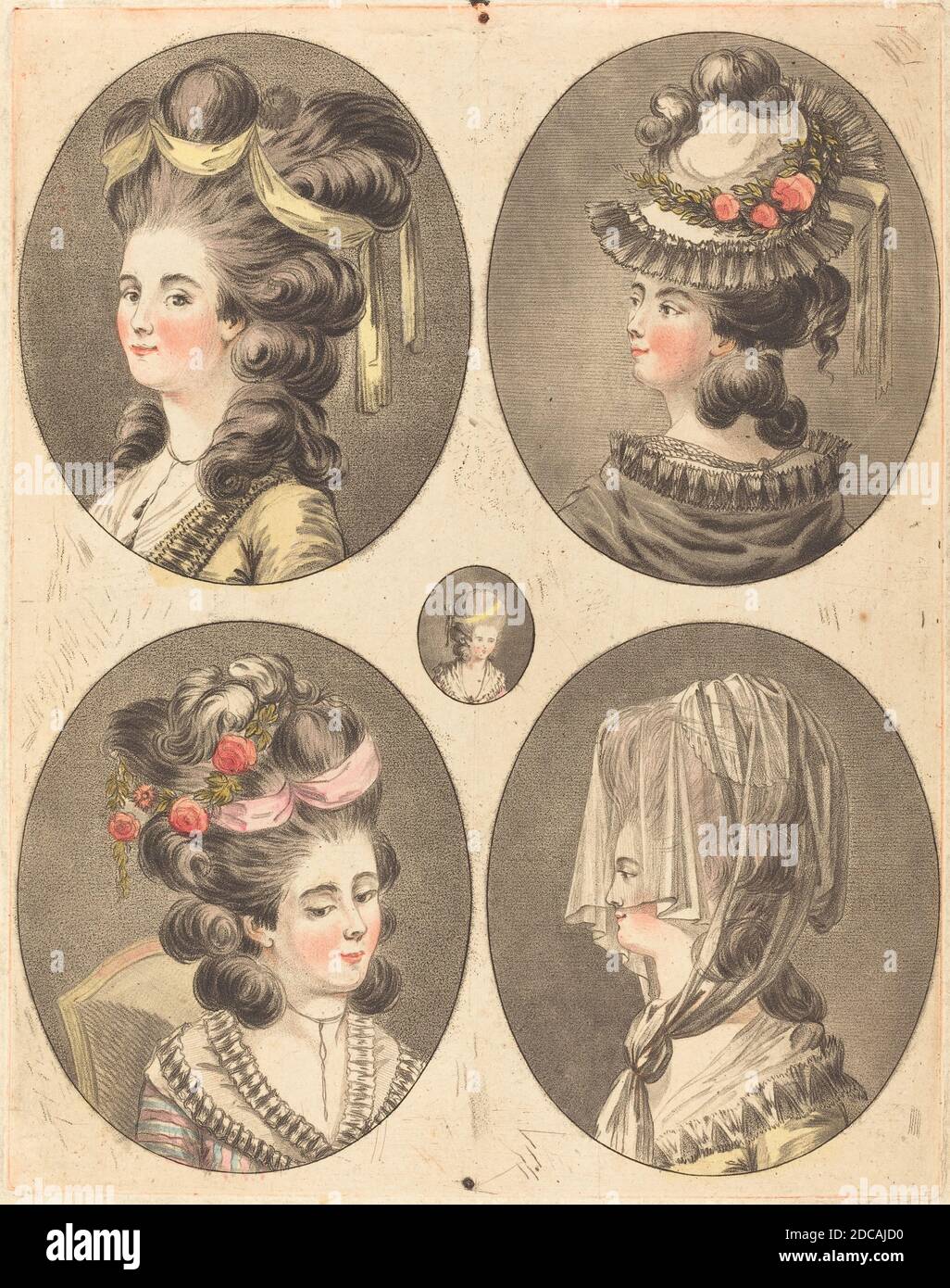 Jean-François Janinet, (Künstler), französisch, 1752 - 1814, Modeles de coiffures, Farbstift Manner Radierung Stockfoto