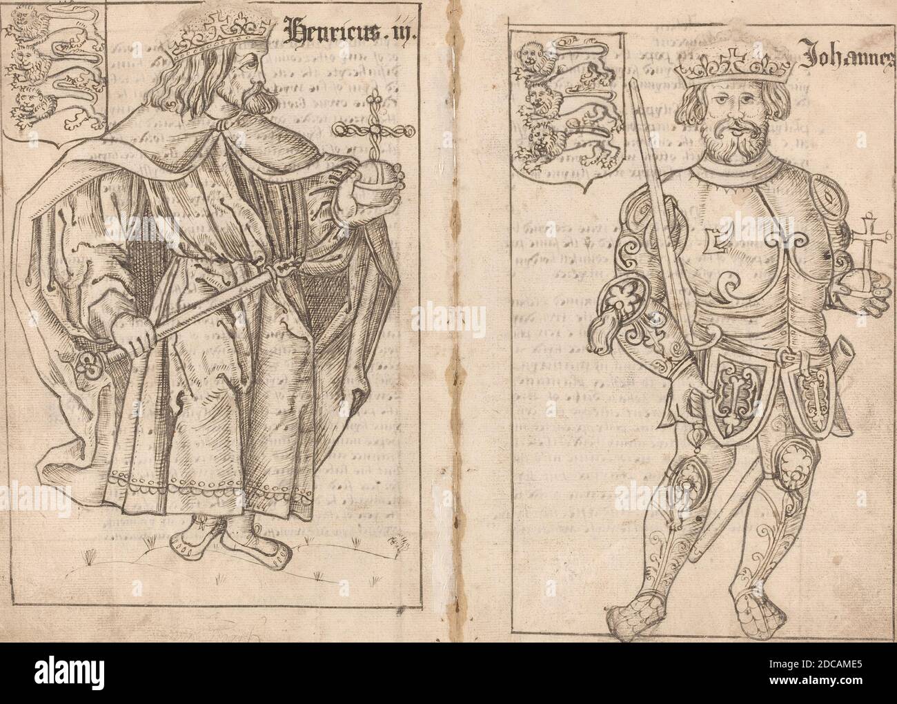 Englisch 16. Jahrhundert, (Künstler), King John, 16. Jahrhundert, Stift und  braun-schwarze Tinte über schwarzer Kreide auf gegelegtem Papier/1 von 2  drwgs. Auf gefaltetem Blatt von Ms. (zweites Blatt von Ms. verschachtelt mit
