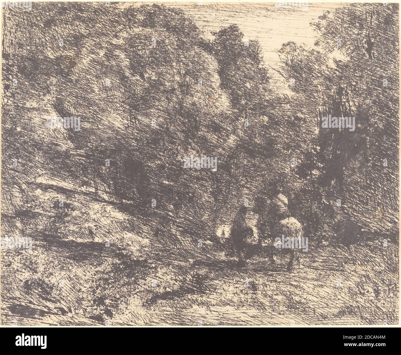 Jean-Baptiste-Camille Corot, (Künstler), Französisch, 1796 - 1875, Reiter und Vagabond im Wald (Le Cavalier en forêt et le piéton), 1854, cliché-verre Stockfoto