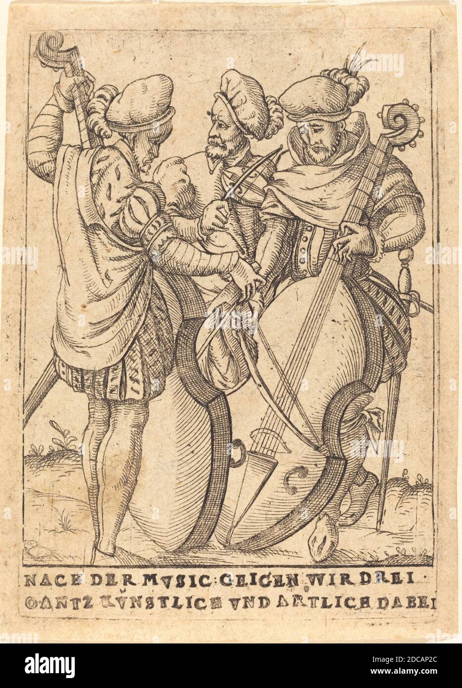 Deutsch 16. Jahrhundert, (Künstler), nach der Mvsic: Geigen wir drei gantz Kvnstlice vnd künstlerische dabei, Six Musical Subjects, (Serie), c. 1580, Gravur Stockfoto